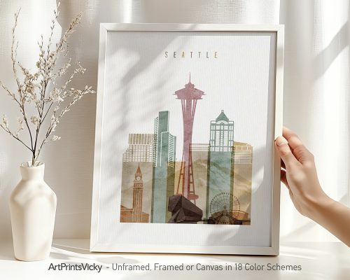 Art print featuring a stylized cityscape of Seattle with notable landmarks.