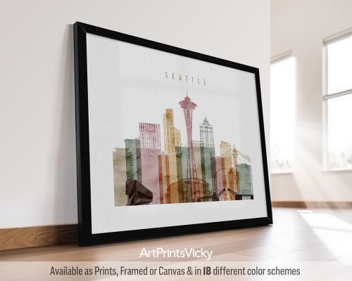 Framed artwork depicting a cityscape of Seattle with the Space Needle and buildings.