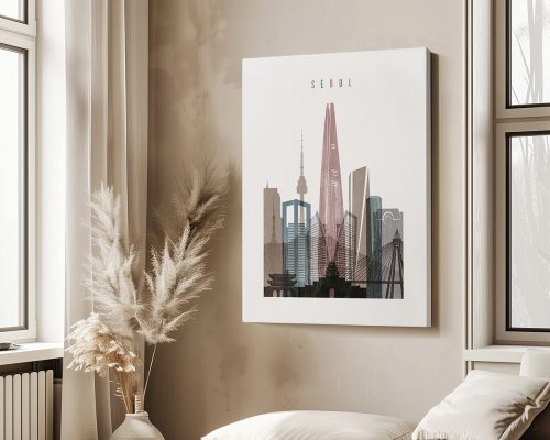 Art print featuring a stylized cityscape of Seoul with various skyscrapers and landmarks.