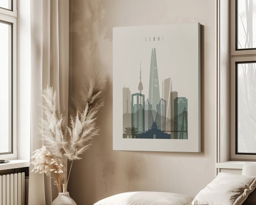 Illustration of a cityscape featuring prominent buildings in Seoul, including the Lotte World Tower and Namsan Tower.