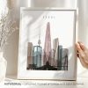 Art print featuring a stylized cityscape of Seoul with notable buildings and landmarks.