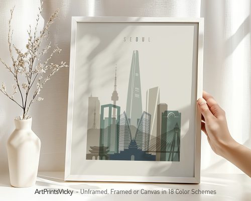 Art print of a stylized cityscape of Seoul featuring notable buildings and structures.