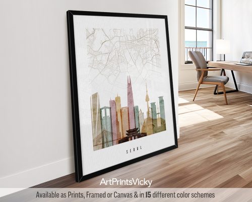 Artistic representation of a map of Seoul with skyline elements and landmarks in a detailed design.