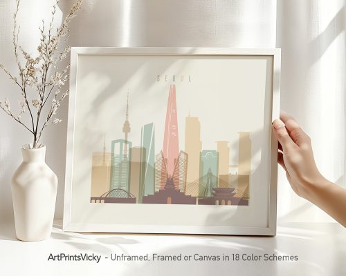 Framed illustration of Seoul's skyline featuring various buildings and structures.