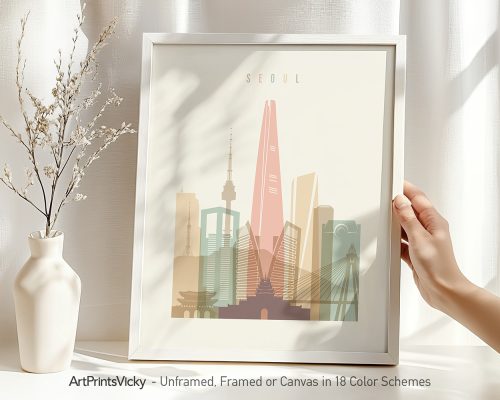 Art print of a stylized cityscape of Seoul featuring notable buildings and landmarks.
