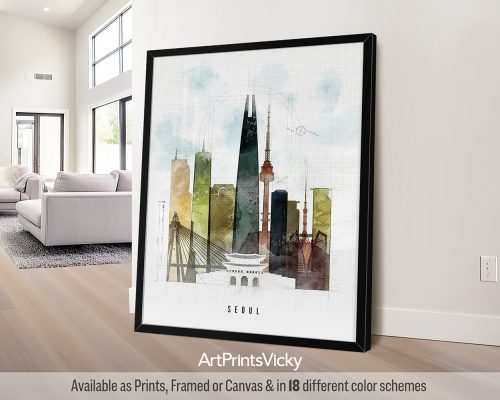 Art print of a stylized cityscape of Seoul featuring iconic buildings and landmarks.
