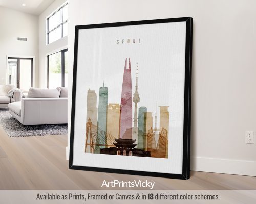 Art print featuring a stylized cityscape of Seoul with notable buildings and landmarks.