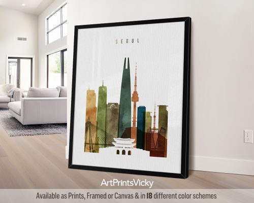 Art print featuring a stylized cityscape of Seoul with notable buildings and landmarks.