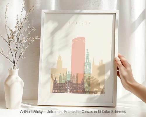 Art print of Seville featuring various architectural landmarks in pastel colors.