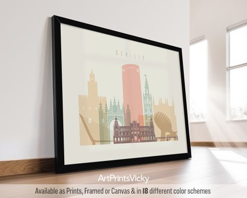Art print of a stylized cityscape of Seville featuring notable landmarks in soft colors.
