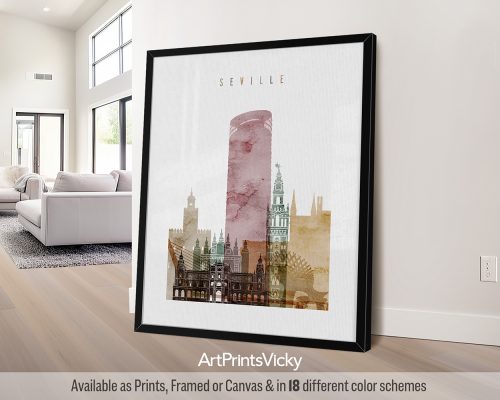 Art print featuring a stylized cityscape of Seville with notable architectural elements.
