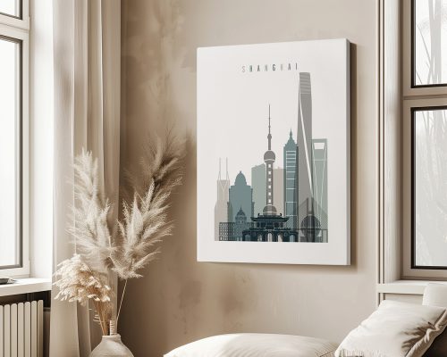 Art print featuring a stylized cityscape of Shanghai with notable buildings and structures.