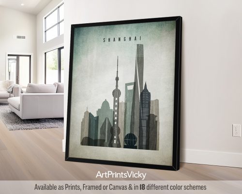 Art print featuring a stylized cityscape of Shanghai with notable buildings and the word 'Shanghai'.