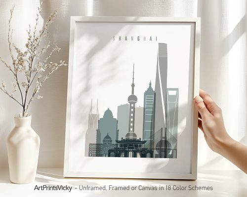 Art print featuring a stylized cityscape of Shanghai with notable buildings and structures.