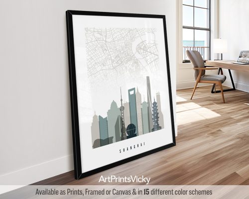 Art print of a map of Shanghai with skyline silhouettes and street layout in a minimalist design.