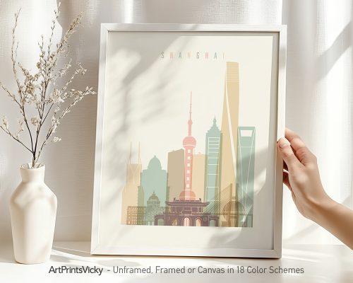 Art print of Shanghai skyline featuring iconic buildings in pastel colors.