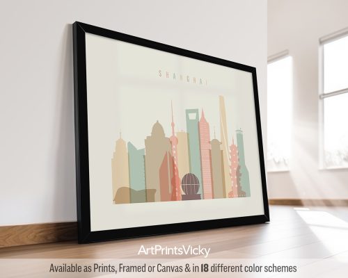 Art print of Shanghai skyline featuring various iconic buildings in a minimalist design.