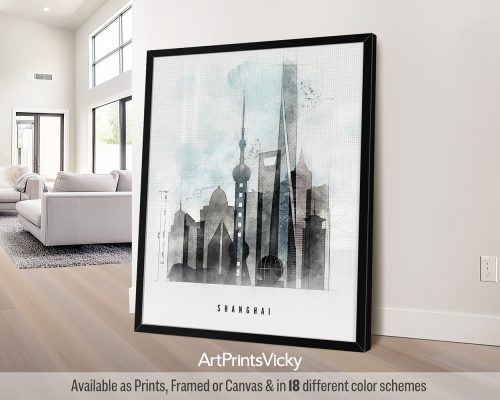 Art print of Shanghai's skyline featuring prominent buildings in a watercolor style.