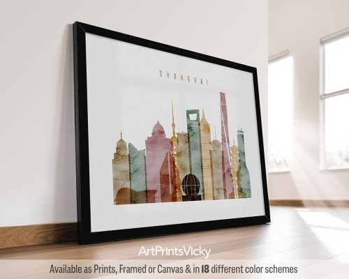 Art print featuring a watercolor-style skyline of Shanghai with notable buildings and the word 'Shanghai'.