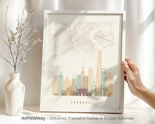 Map of Shanghai featuring key landmarks and a light color palette in a framed design.