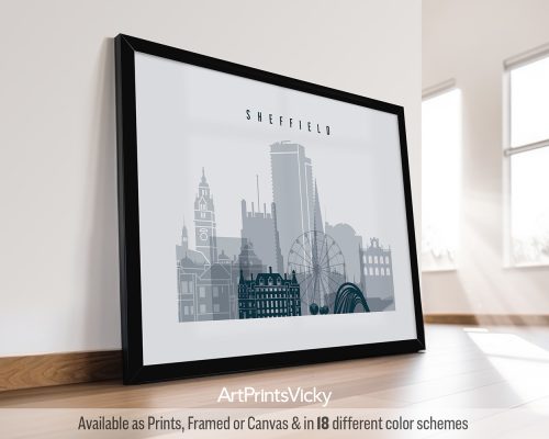Framed print of Sheffield cityscape featuring notable buildings and a ferris wheel.