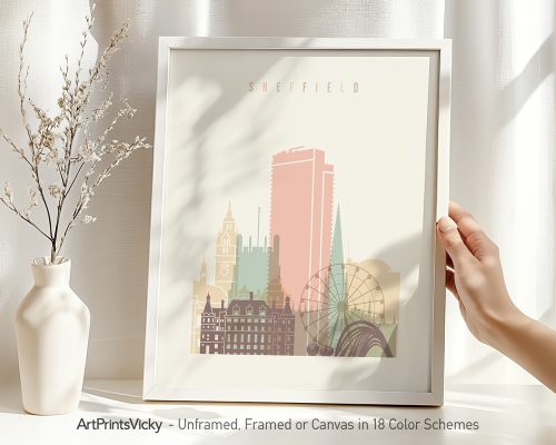 Art print of Sheffield skyline featuring notable buildings and structures in a minimalist style.