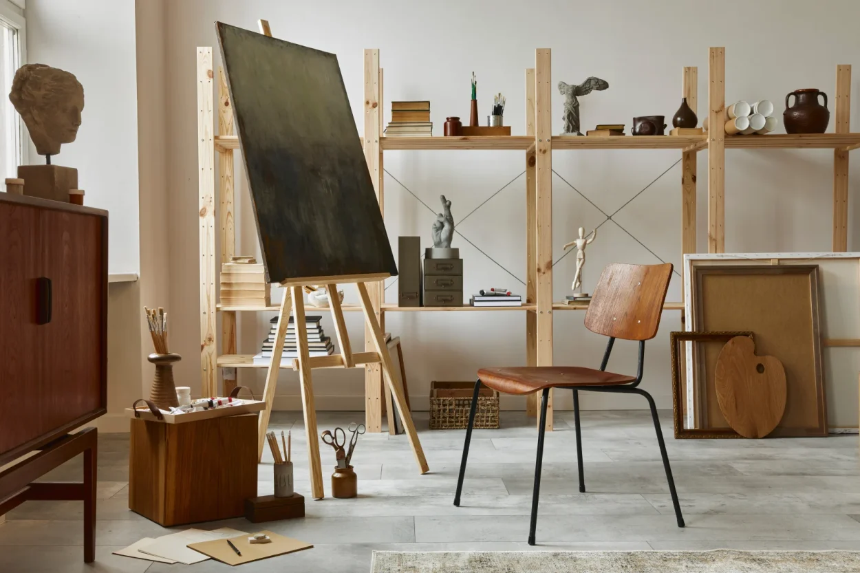 An art studio featuring a wooden chair and an easel with a canvas in a well-organized space.