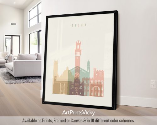 Art print featuring a stylized illustration of buildings in Siena with a pastel color palette.