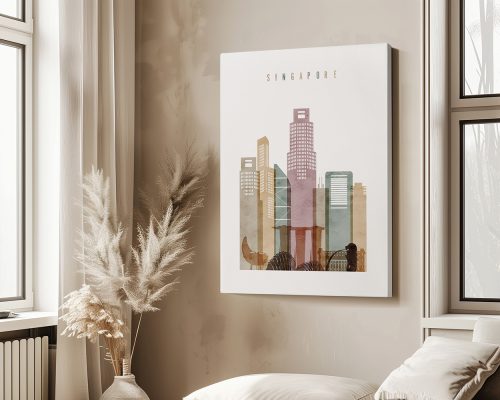 Art print featuring a stylized depiction of Singapore's skyline with various buildings in muted colors.