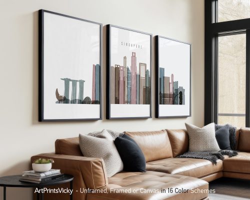 Three framed art prints depicting a stylized cityscape of Singapore with iconic landmarks.