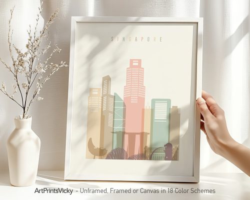 Art print featuring a stylized cityscape of Singapore with pastel colors and geometric shapes.