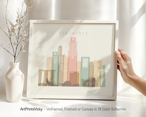 Art print of a stylized Singapore cityscape with pastel colors and geometric shapes.