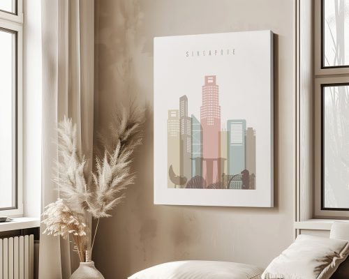 Art print featuring a stylized cityscape of Singapore with various buildings and colors.