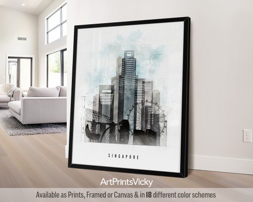 Framed artwork depicting a cityscape of Singapore with modern buildings and a watercolor effect.