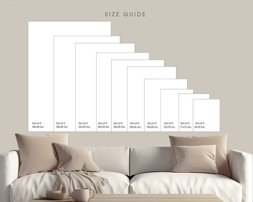 Visual size guide displaying various dimensions for framed art prints arranged in a gradient layout.