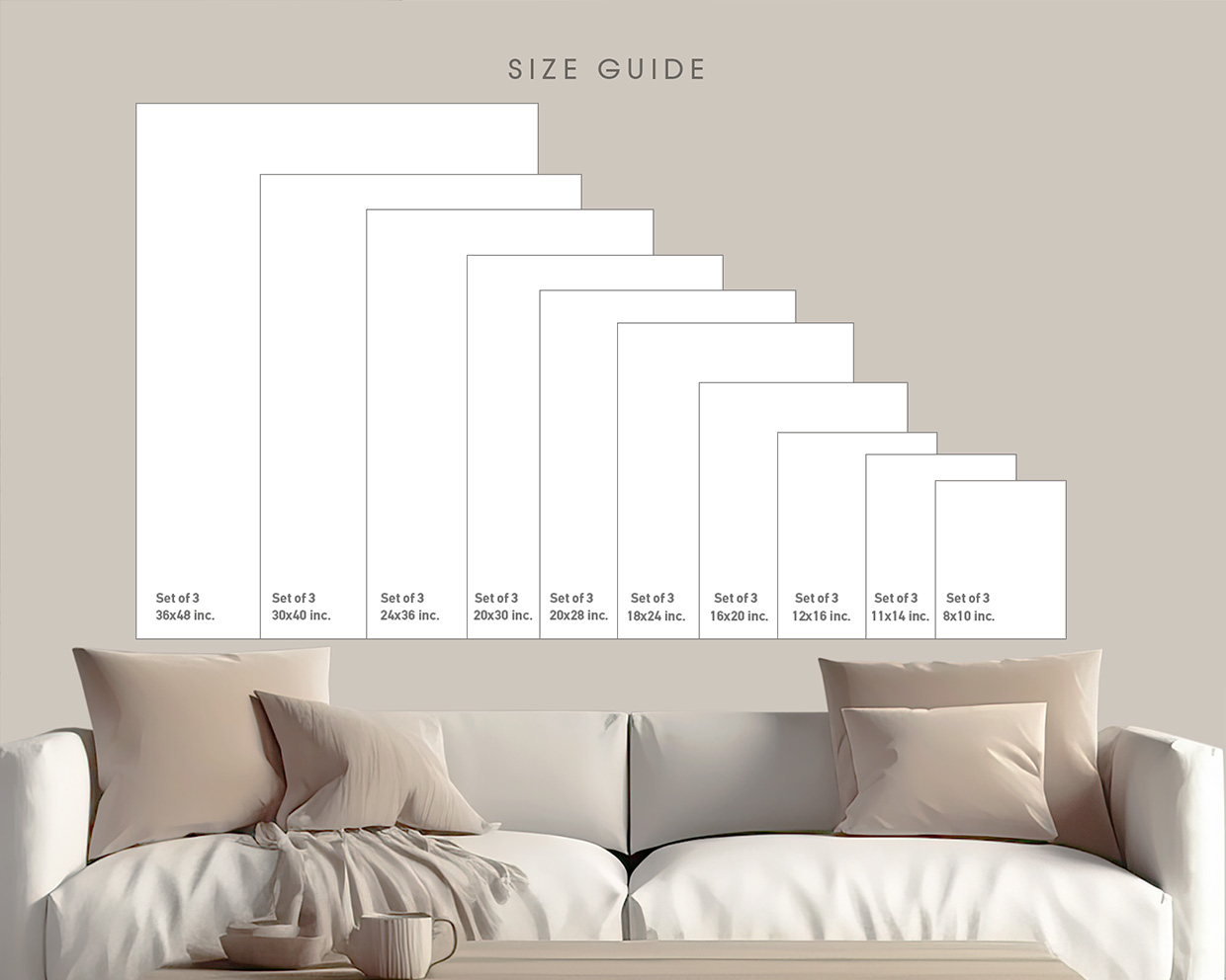 Visual size guide displaying various dimensions for framed art prints arranged in a gradient layout.
