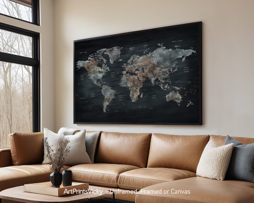 World map artwork featuring muted colors displayed in a modern living room setting.