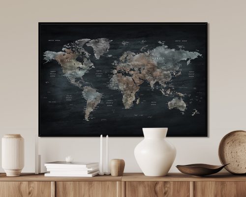 World map artwork featuring muted colors and detailed country outlines on a dark gray background.