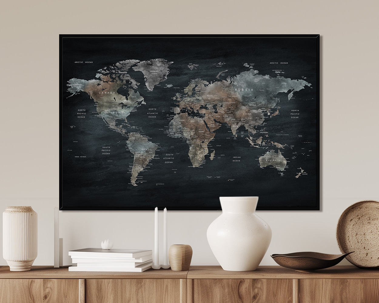 World map artwork featuring muted colors and detailed country outlines on a dark gray background.