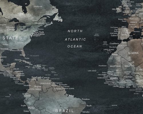 World map in dark grey tones featuring country names and ocean labels.