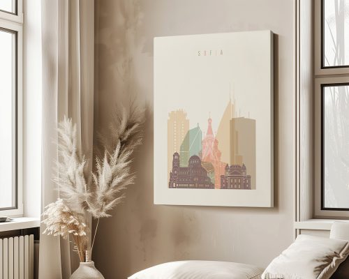 Art print depicting a stylized cityscape of Sofia with various buildings and structures.