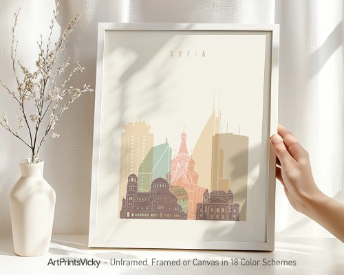 Art print featuring a stylized cityscape of Sofia with notable buildings in pastel colors.
