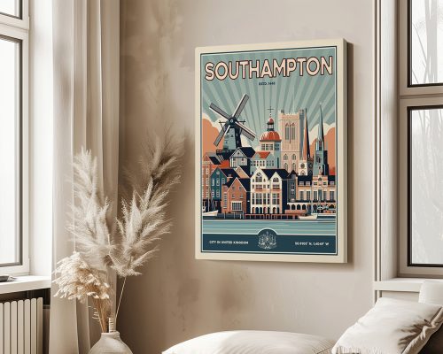 Retro art print of Southampton featuring buildings and a windmill with a sunburst background.