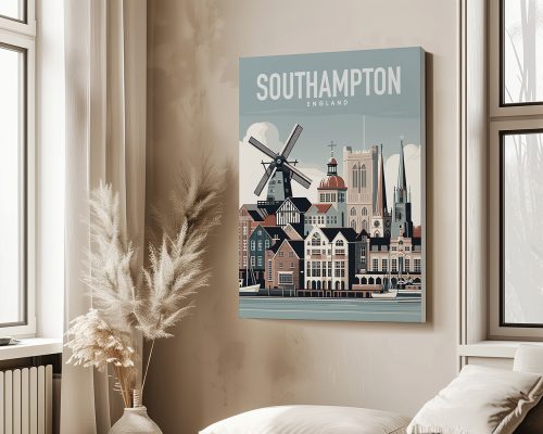 Illustrative artwork of Southampton featuring buildings and a windmill with the text 'Southampton England'.