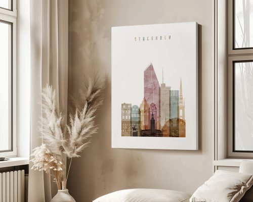 Art print featuring a stylized cityscape of Stockholm with various buildings and a prominent geometric structure.