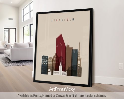 Art print featuring a stylized cityscape of Stockholm with notable buildings and a red tower.