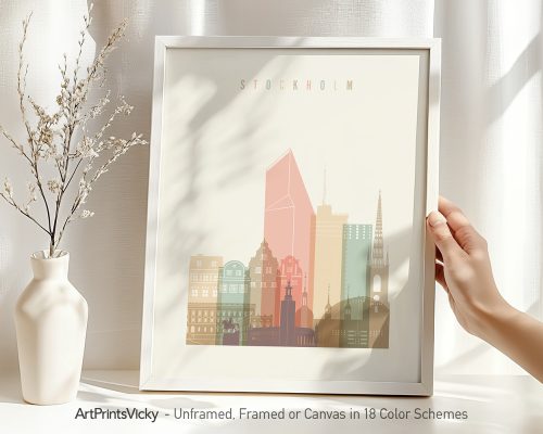 Art print of Stockholm featuring buildings and landmarks in pastel colors within a frame.