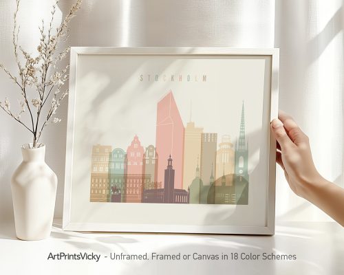Art print featuring a stylized cityscape of Stockholm with various building silhouettes.