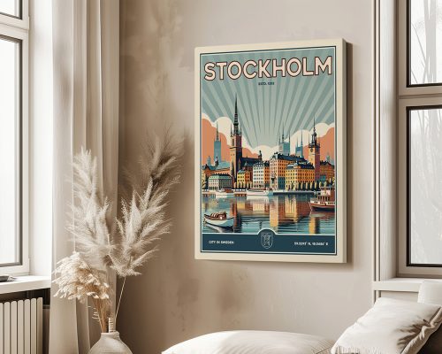 Vintage-style poster of Stockholm featuring buildings and boats on water with a sunburst background.