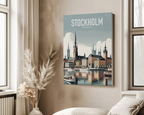 Illustration of Stockholm, Sweden, featuring buildings and water in a stylized design.